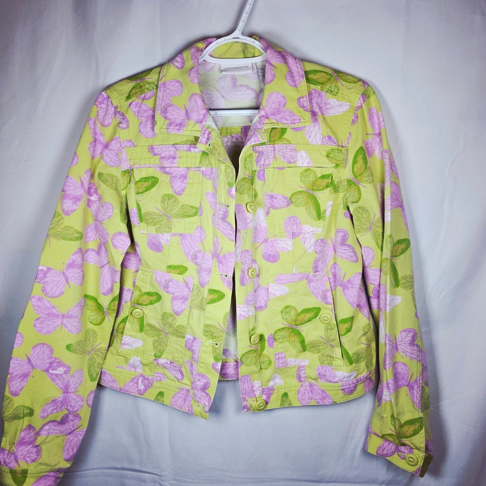 Liz Claiborne Butterfly Print Denim Trucker Jacket WDMU3694 Womens 21 Lime Green - Picture 1 of 10